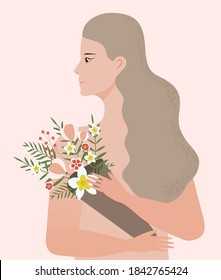 Silhouette girl profile concept vector. Woman with long hair and holding a bouquet of tropical flowers. Love yourself  illustration. Valentine or woman's day invitation poster, banner.