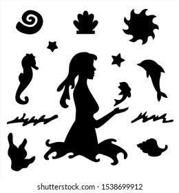 
Silhouette of a girl in profile with a fish on the waves. Dolphin, seahorse, shells, sun, stars, algae, waves silhouettes. Vector illustration.