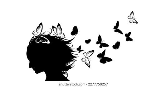 Silhouette girl profile with flying butterflies. Vector illustration