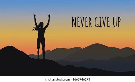 
Silhouette of a girl with a prosthetic leg against the backdrop of a beautiful sunrise. A disabled woman stands on top of a mountain thanks to a modern prosthesis. Life after an injury. Never give up