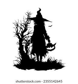 Silhouette of a girl with a pumpkin. Horrible halloween silhouette. Witch with pumpkin and bats black isolated on white background