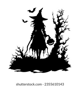 Silhouette of a girl with a pumpkin. Horrible halloween silhouette. Witch with pumpkin and bats black isolated on white background