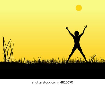 Silhouette of a girl raising her arms up to the sun.