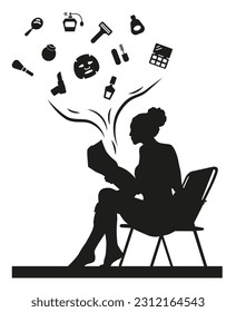 Silhouette of a girl reading fashion magazines about beauty and self-care. Vector graphics. ESP 10.