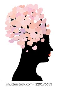 Silhouette of a girl with red lips and pink hearts on her head.