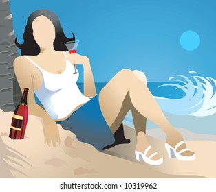 Silhouette of Girl relaxing in a beach  with drink in one hand at dusk 	