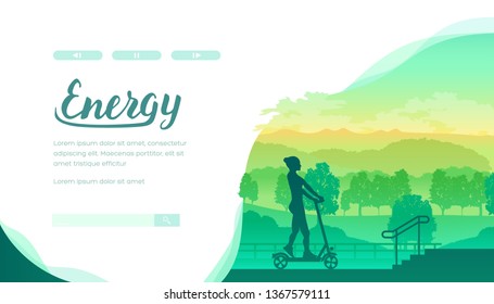 Silhouette of girl riding by electric scooter in park. Sporting young woman using kick scooter on nature background. Vector concept of relaxation, recreation at weekend. Place for text, copy space.