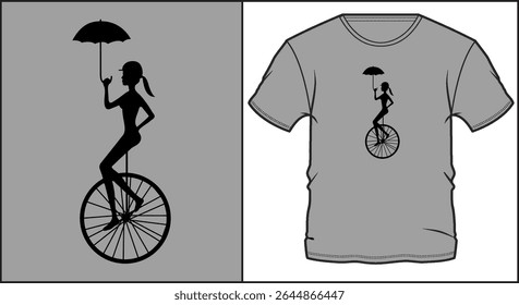 Silhueta de uma menina montando um monociclo e segurando um projeto mínimo de guarda-chuva para impressão de t-shirt
