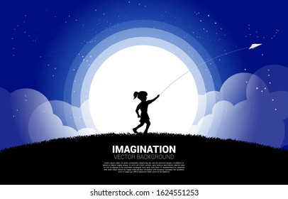 Silhouette Of Girl Running To Throw Out Origami Paper Airplane At Night. Concept Of Children Play And Learn.