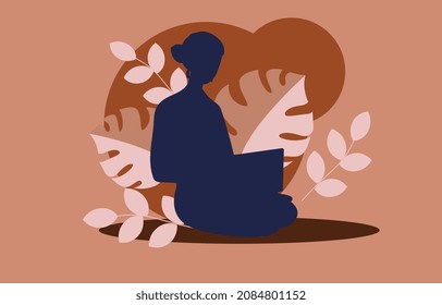 Silhouette of girl. Shadow of character on background of heart and foliage. Site share graphic elements. Congratulatory cards for Mothers Day, gift for March 8. Cartoon flat vector illustration