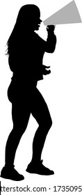 Silhouette of a girl shouting into a megaphone. Vector illustration.