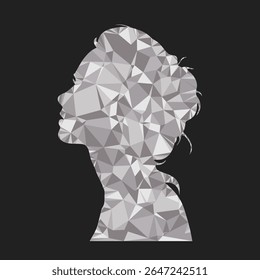Silhouette of a girl in silver tones. Girl with hair made using triangulation. Low poly vector silhouette of a head.