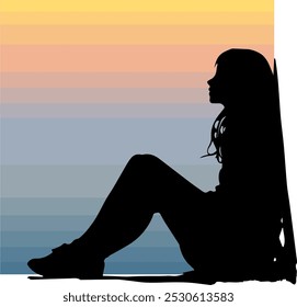 A Silhouette of a Girl Sitting in Contemplation Against a Serene Background. Ideal for Designs Centered Around Reflection, Mental Health, Mindfulness, Solitude, and Peaceful Moments.