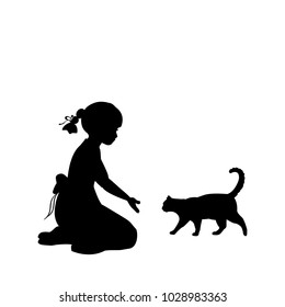 Silhouette girl sitting knees beckon cat. Vector illustration