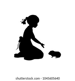 Silhouette girl sitting knees beckon guinea pig. Vector illustration