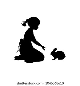 Silhouette girl sitting knees beckon rabbit. Vector illustration