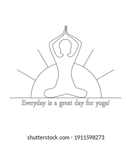 The silhouette of a girl sitting in the lotus position against the background of the rising sun. Vector logo. Yoga. Motivational caption.