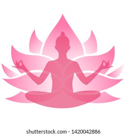 Silhouette of a girl sitting in a lotus. Transparent pink emblem. Vector illustration.