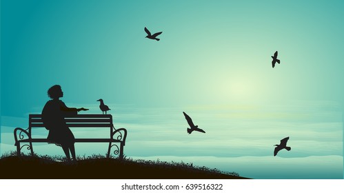 silhouette of girl sitting on the bench near the sea with sun-rise and feed the sea gulls, shadows, memories,  sea sweet dreams