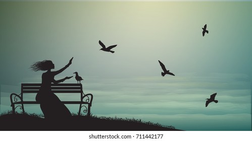 silhouette of girl sitting on the bench near the sea with sun-rise and feed the sea gulls, shadows, memories,  sea sweet dreams

