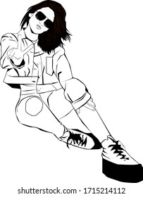 

Silhouette of a girl sitting on the floor.Vector outline illustration. Stylish girl in black glasses, in sneakers, a denim jacket sitting on the floor shows a gesture with his hands V, everything is