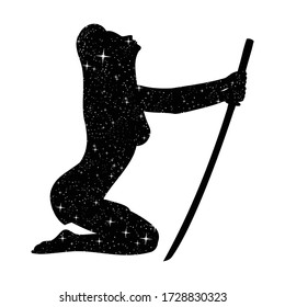 Silhouette of a girl sitting on her lap with a katana. Starry sky. Space. Woman night. Black tattoo. New minimalism. Vector illustration.