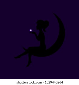 Silhouette of a girl sitting on the moon. Girl holding a star.