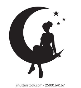 silhouette of a girl sitting on the moon vector illustration