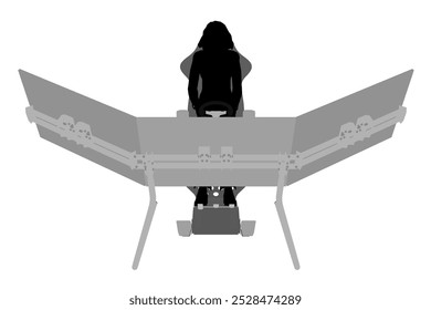 Silhouette of a girl sitting at a realistic gaming simulator with a steering wheel, pedals and three monitors isolated on a white background. Front view. Vector illustration.