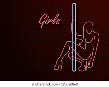 Silhouette of a girl with a sixth on the brick wall background. Neon. Vector