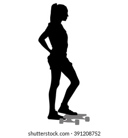 silhouette of girl with a skateboard on a white background