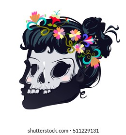 Silhouette girl  with skull. Calavera Catrina. Mexican Day of the dead or halloween person. Dia de los Muertos. Woman Skull Illustration.