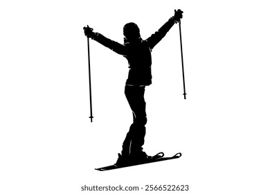 Silhouette of girl snowboarder, ice skier standing with ski board, winter sport, vector illustration