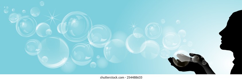 Silhouette of girl with soap bubbles. Vector background.