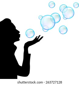 Silhouette of girl with soap bubbles. Vector illustration