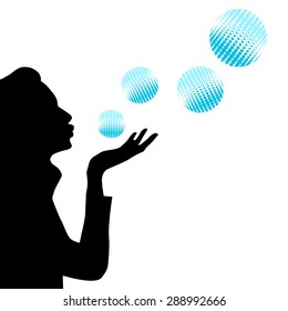 Silhouette of girl with soap bubbles. Vector illustration