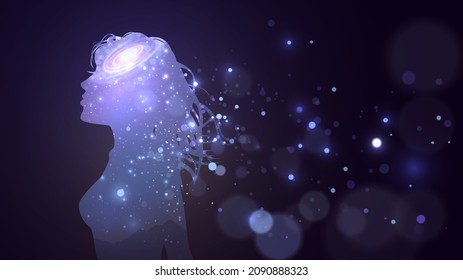 Silhouette of a girl with a space pattern and a galaxy on a dark background and blue dismembered sparks