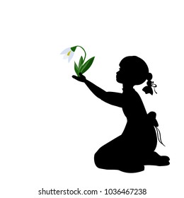 Silhouette girl with spring snowdrops. Vector illustration