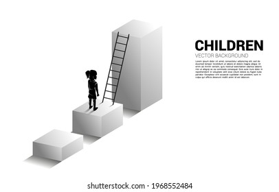 silhouette of girl standing on bar graph with ladder. Concept of children education and learning.