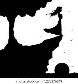silhouette girl standing on the edge of the cliff an looking at the storm sea, shadows, windy dreams, Girl sun and tree. Vector illustration