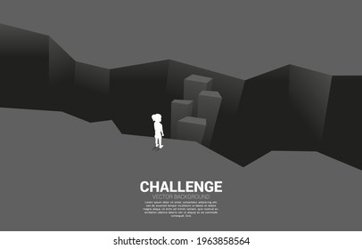 silhouette of girl standing on step forward to cross abyss. Concept of education solution and future of children.
