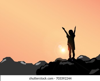 Silhouette of a girl standing on a top mountain with his hands up against the sunset, vector illustration happy and enjoy life concept