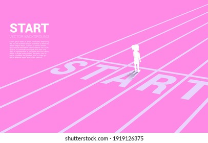 Silhouette of girl standing at start line. Concept of education start and future of children.