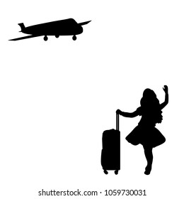 Silhouette girl standing with suitcase waiting for plane