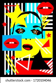 Silhouette girl with star eyes, red lips and colorful abstract geometric background