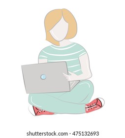 silhouette of a girl student who sits behind a computer (laptop). vector illustration