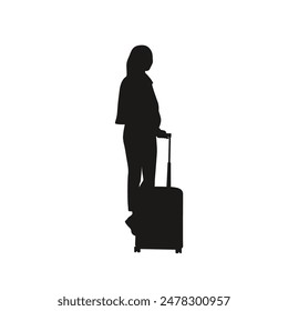 Silhouette of a girl with a suitcase on wheels in vector. Silhouette of a girl tourist, traveller.