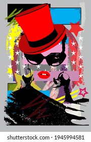 Silhouette girl with sunglasses and cylinder hat, pop art background