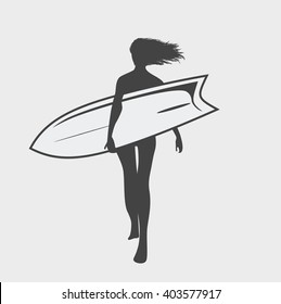 Silhouette of a girl with a surfboard. Black and white