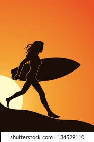 Silhouette of a girl with a surfboard on the beach in a vector format